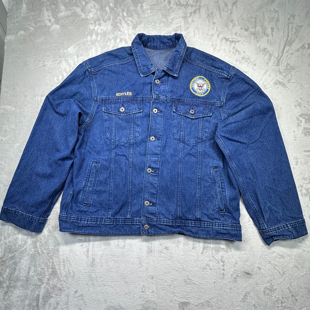 Vintage US Navy Koffler Mens 2XL Blue Denim Patched Embroidered Trucker Jacket